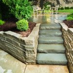 Landscaped Garden Back Yard Patio with Stone Paving Steps, Wall